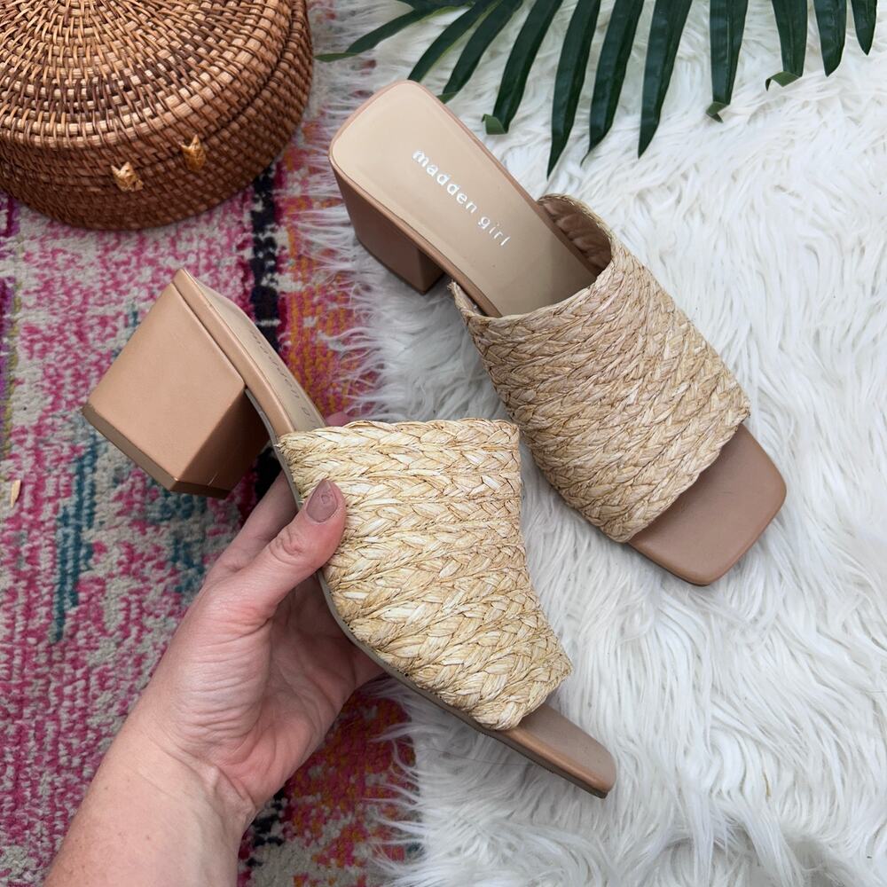 Madden Girl Raffia Taz Sandals 9.5 Square Toe Slip On Block Heel Boho Vacation